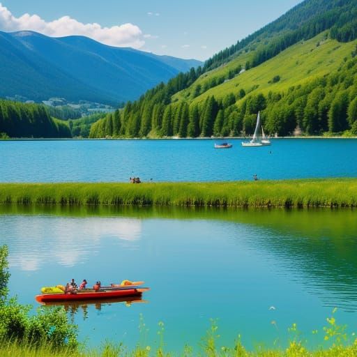 Vibrant Summer Landscape with People and Sailboats near a Se...