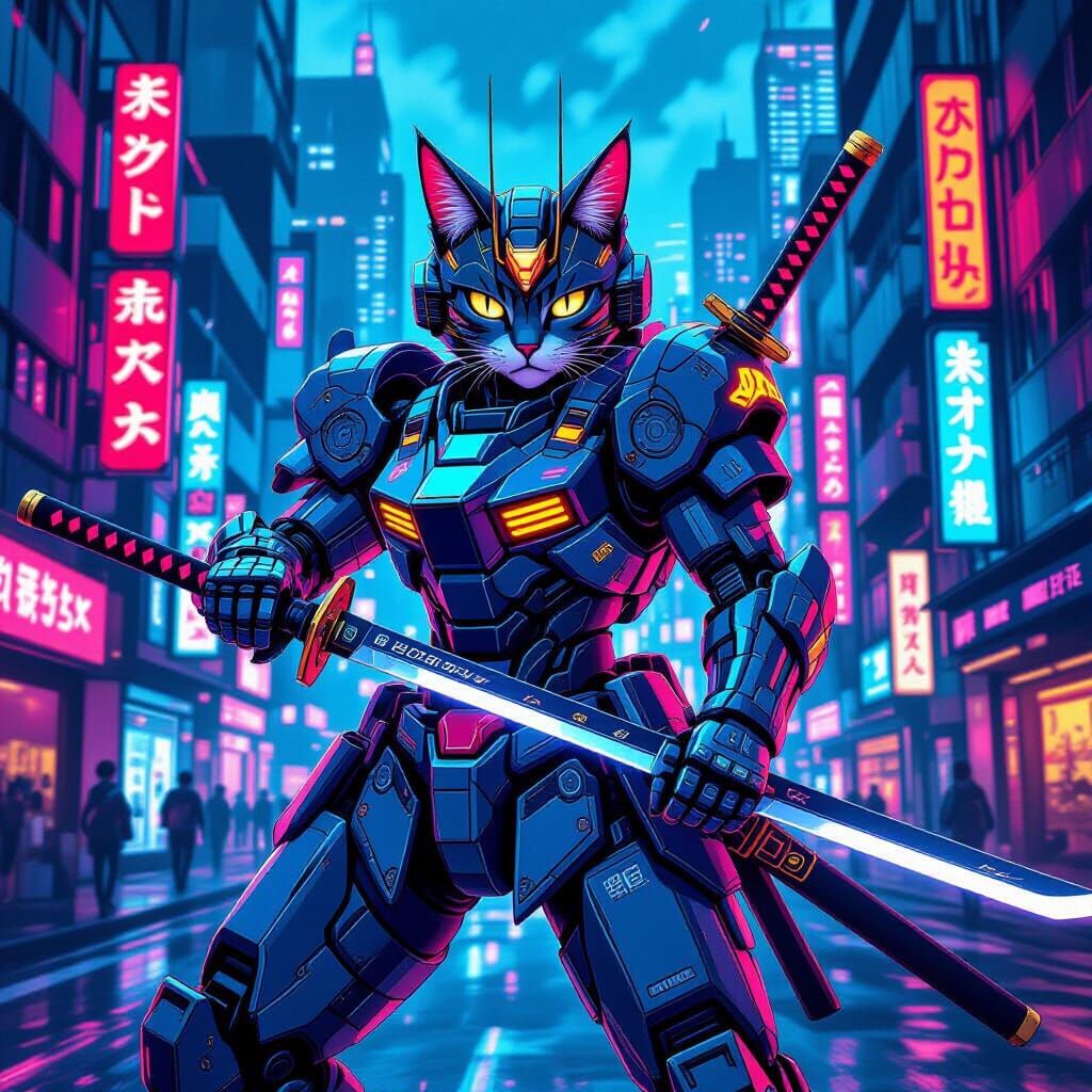 Anime Cat Mech Wielding Katana in Neon City