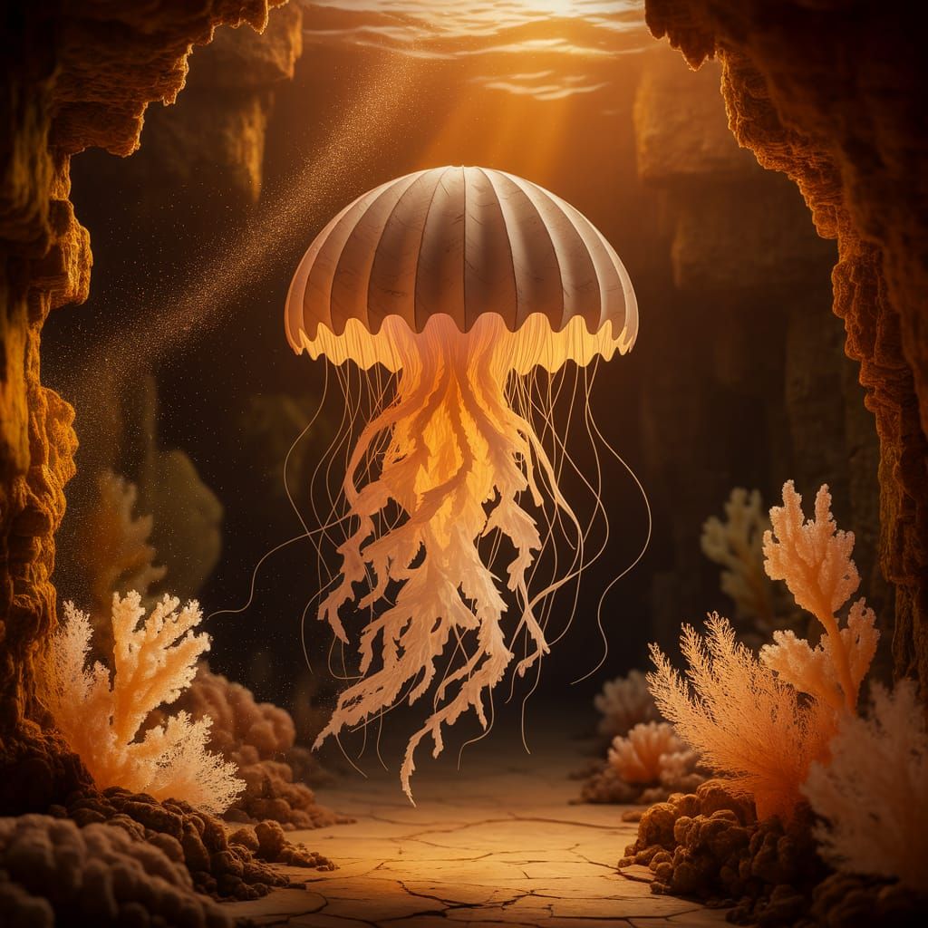 Ethereal Paper Jellyfish in Amber-Lit Cavern