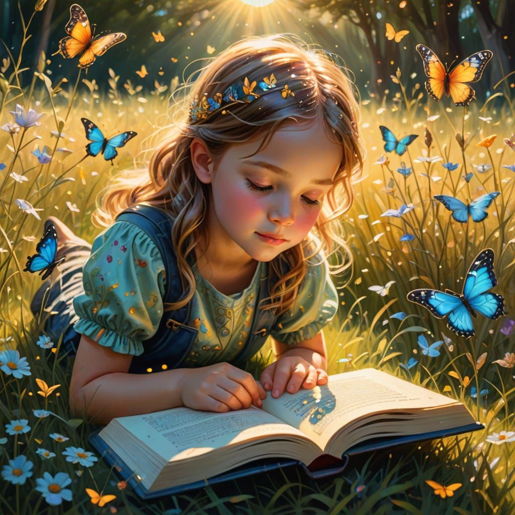 Child Reading Glowing Book in Fantasy Meadow