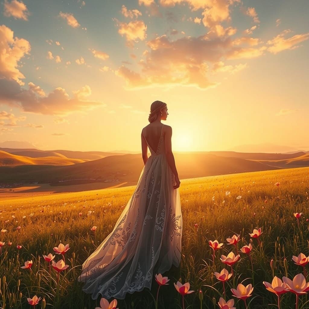 Dreamy Sunset Goddess in a Meadow of Crystal Flowers