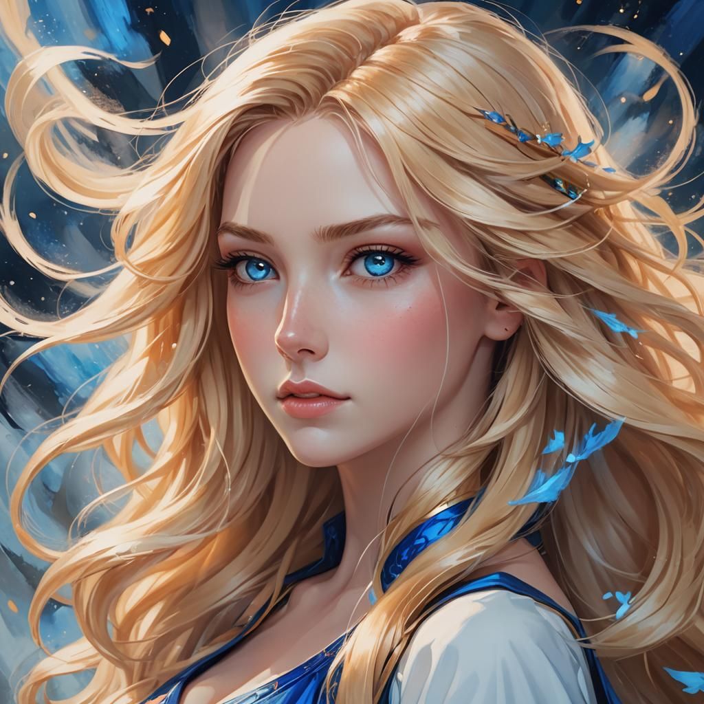 Anime-Style Woman with Flowing Blonde Hair