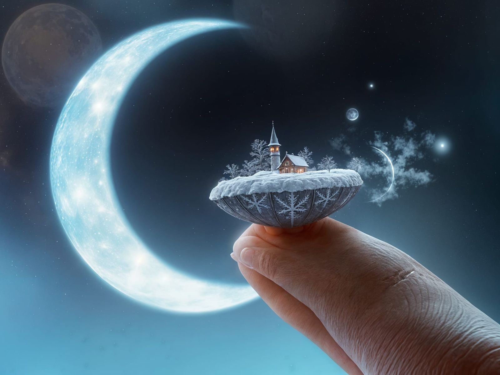 Ethereal Fantasy Scene on Glowing Crescent Moon