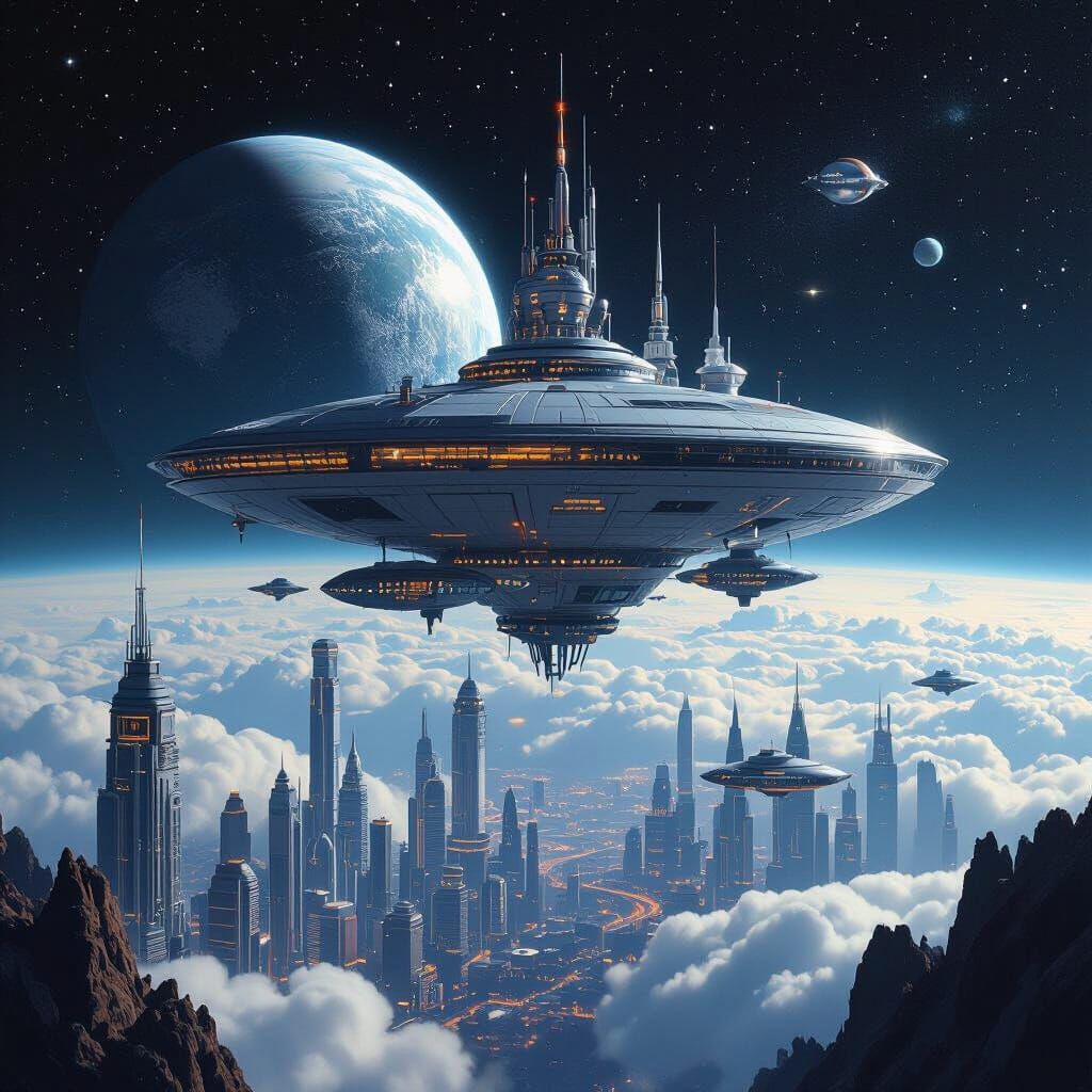Futuristic City Orbiting Earth: Photorealistic Art