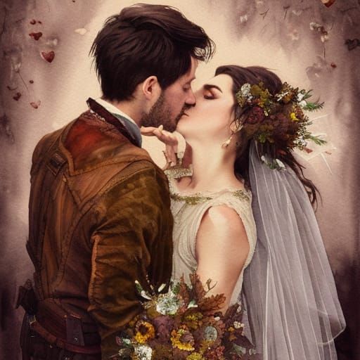 Acorn Bride and Groom Embrace in Watercolor Style