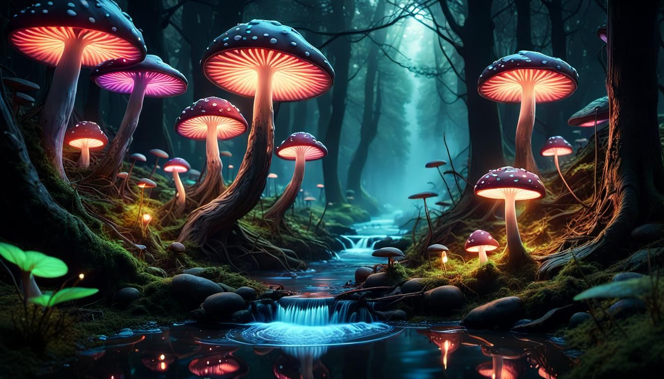 Enchanting Dark Fantasy Forest with Glowing Neon Effects
