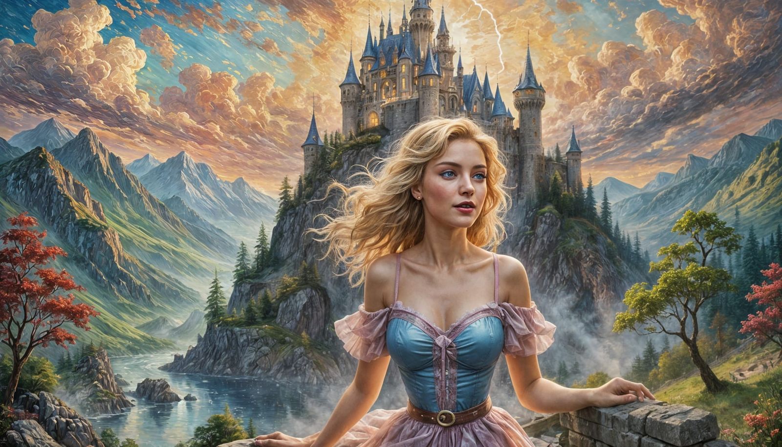 Neo-Impressionist Woman in Stormy Fantasy Landscape