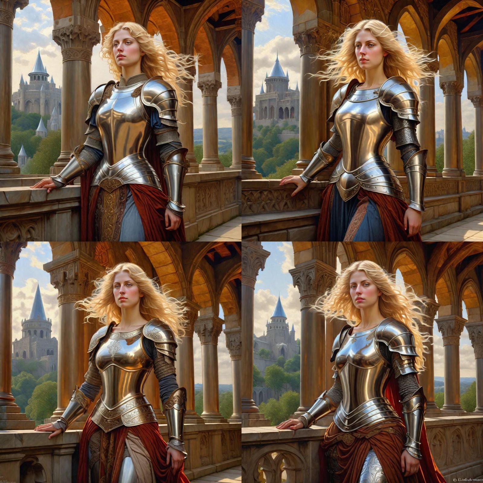 Armored Blonde Woman in Renaissance Oil Painting
