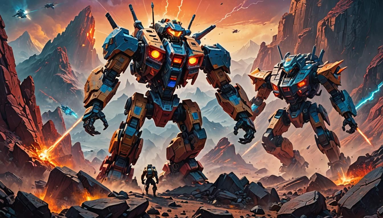 Mecha Duel on Alien Planet in Surreal Sci-Fi Style