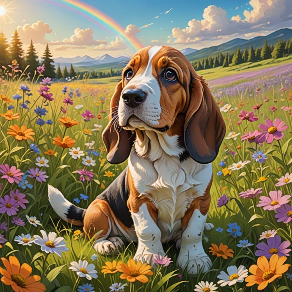 Kawaii Puppy Basset Hound and Fox Cub in Wildflower Field