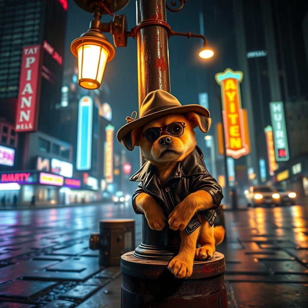 Gangster Puppy Illuminated by Neon Dreams on a Rainy City Co...