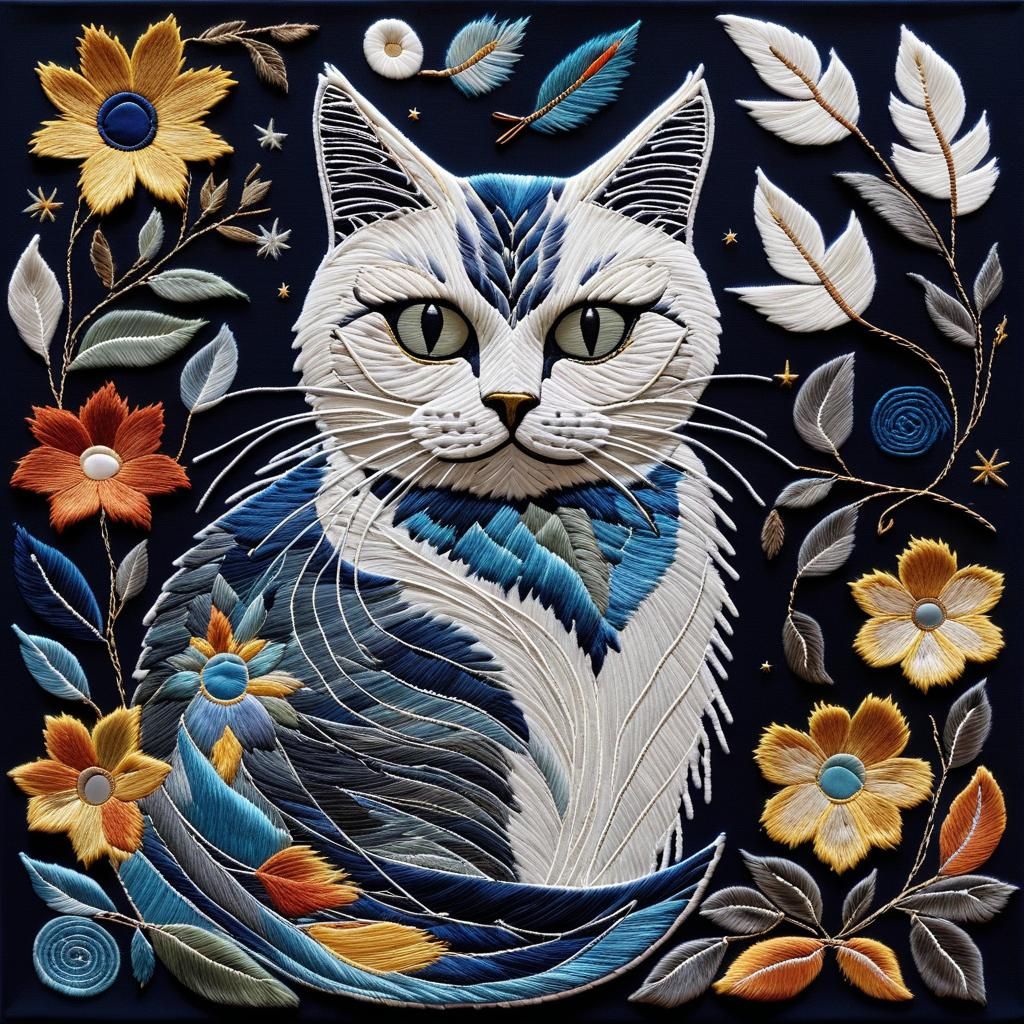 Embroidered Bird and Cats in Starry Night