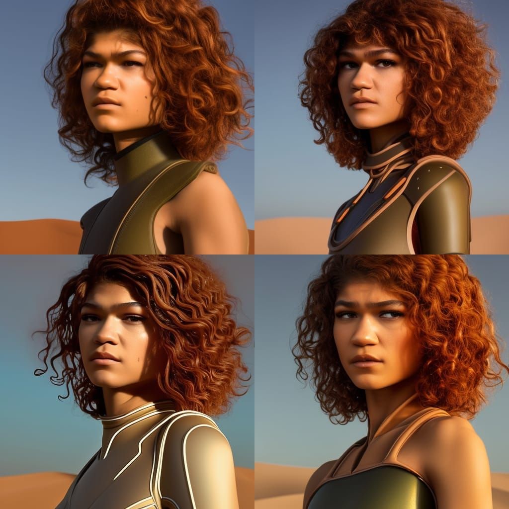 medium shot side profile portrait photo of Zendaya in dune movie, redbrown curly hair, olive skin, with stillsuit on, de...