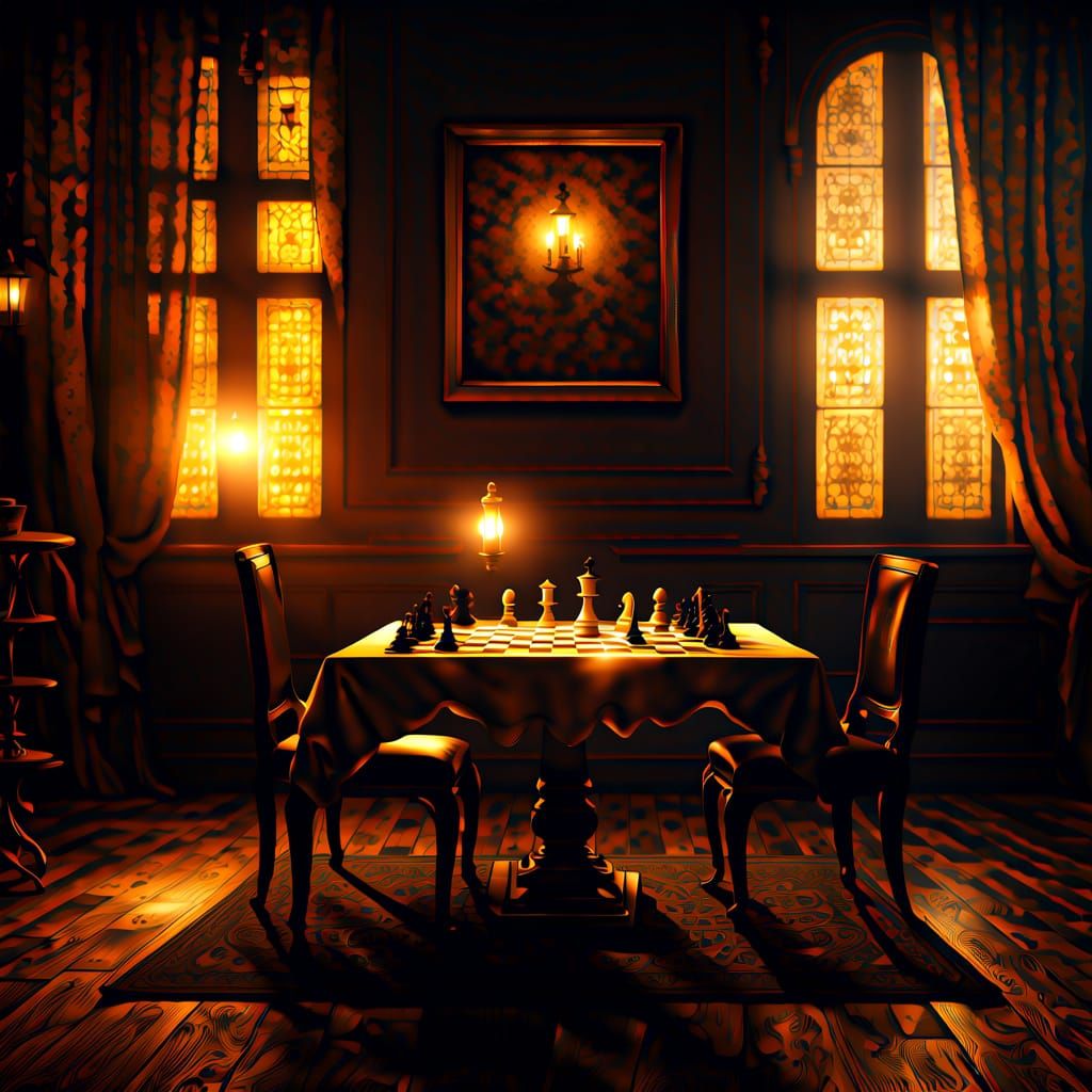 Mysterious Chessboard Scene in Intricate Digital Art