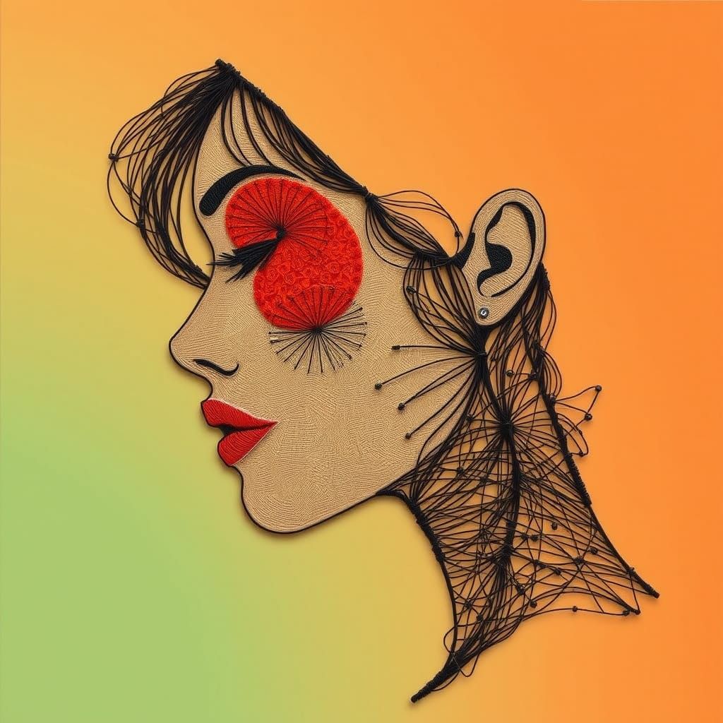 Thread Art Portrait in Dark Beige and Orange with Red Eyesha...