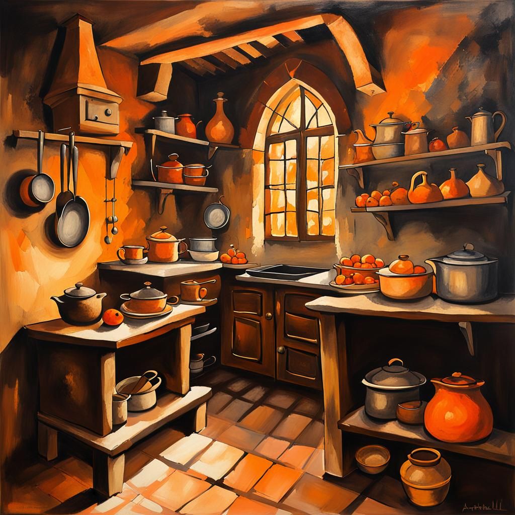 Medieval Kitchen Painting with Occult Elements