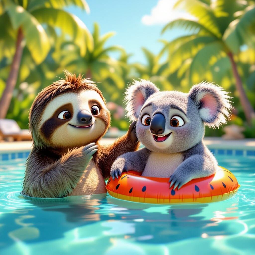 Sloth and Koala Dabbing at Pool Party in Pixar Style