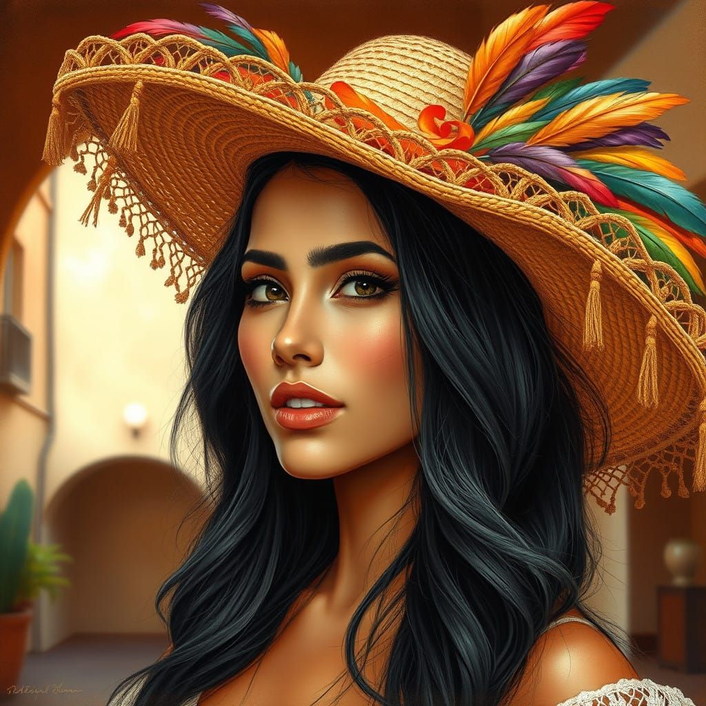 Exotic Latina Woman in Vibrant, Oversized Hat