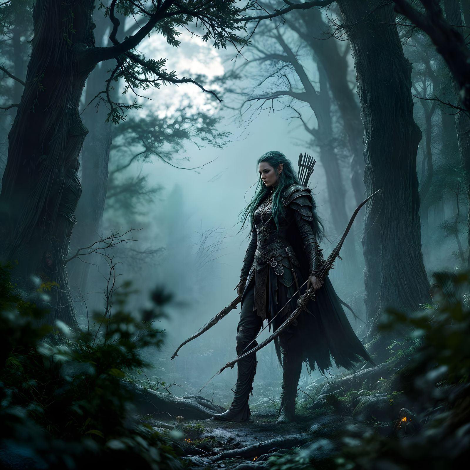 Elven Huntress in Moonlit Forest, Art Nouveau Style