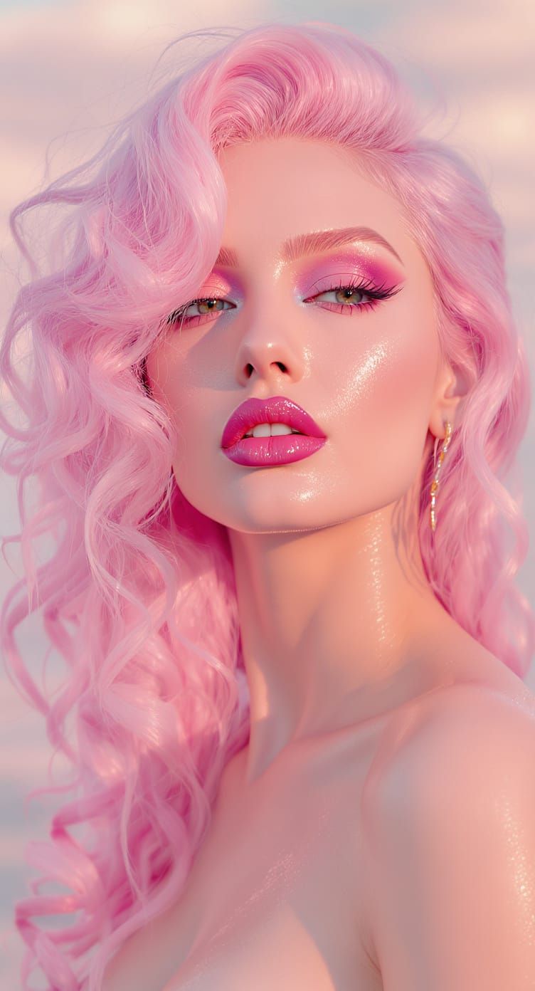 Ethereal Woman with Pink Curls in Hyperrealistic Style