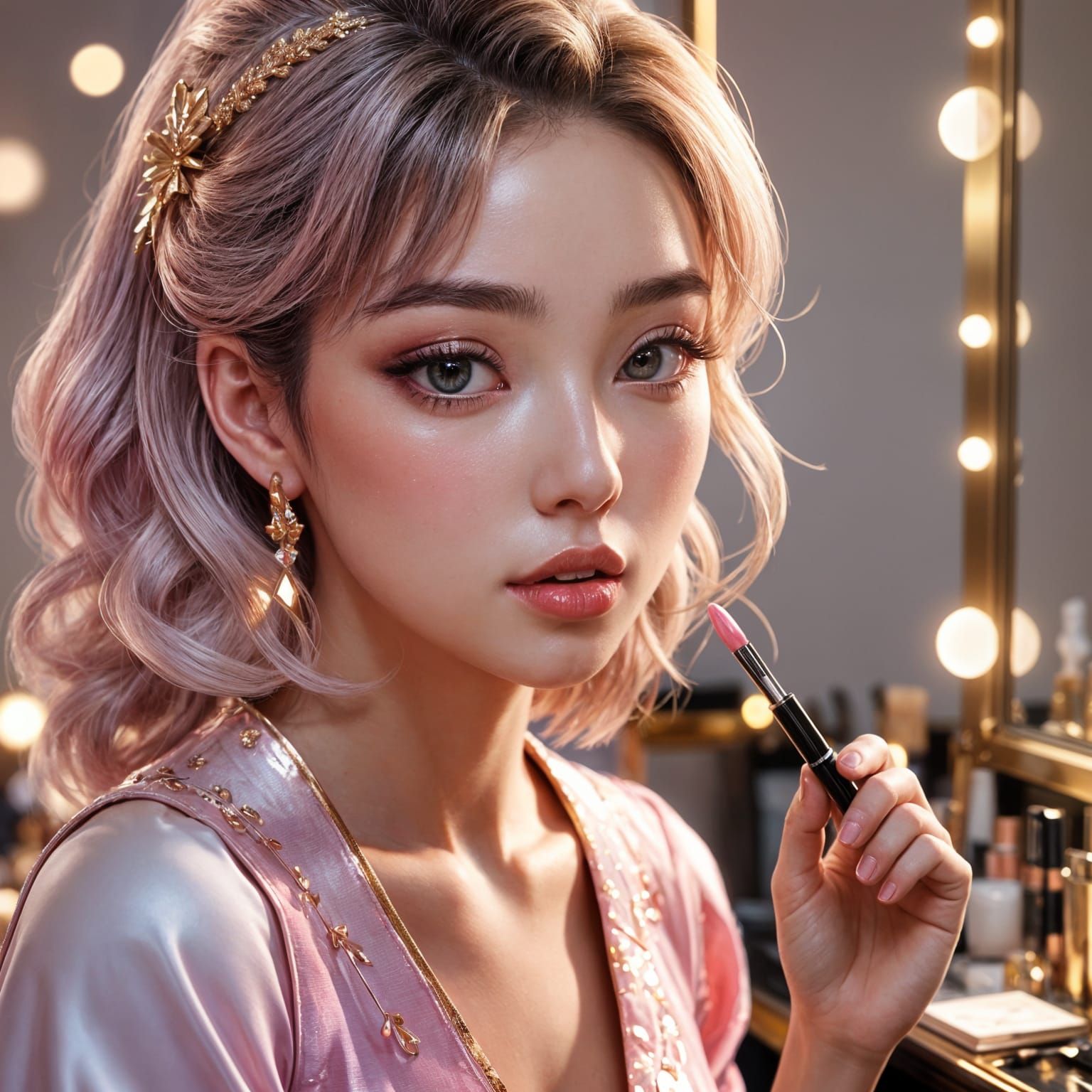 Young Woman Applies Pink Lipstick: 3D Anime Art