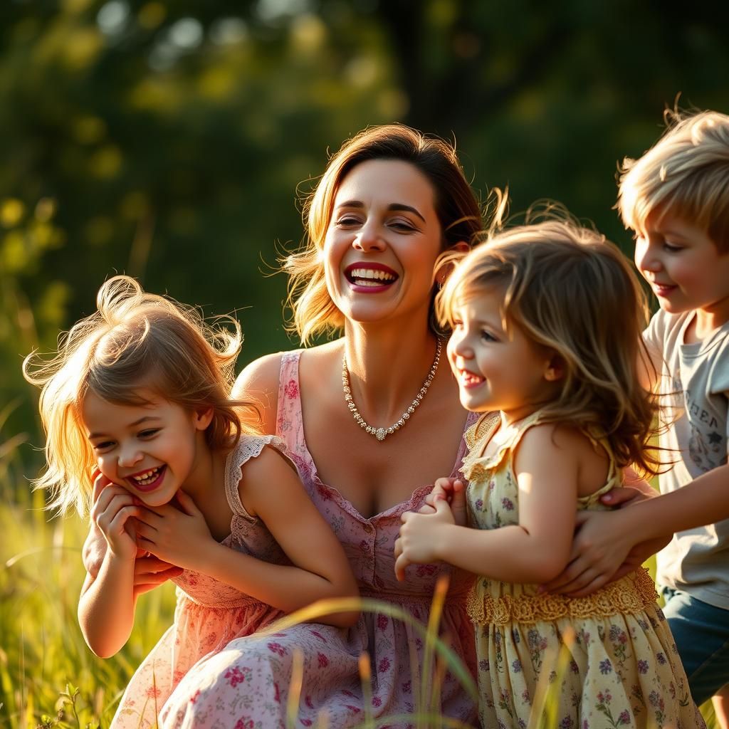Elegant Mother and Children in Natural Sunlight