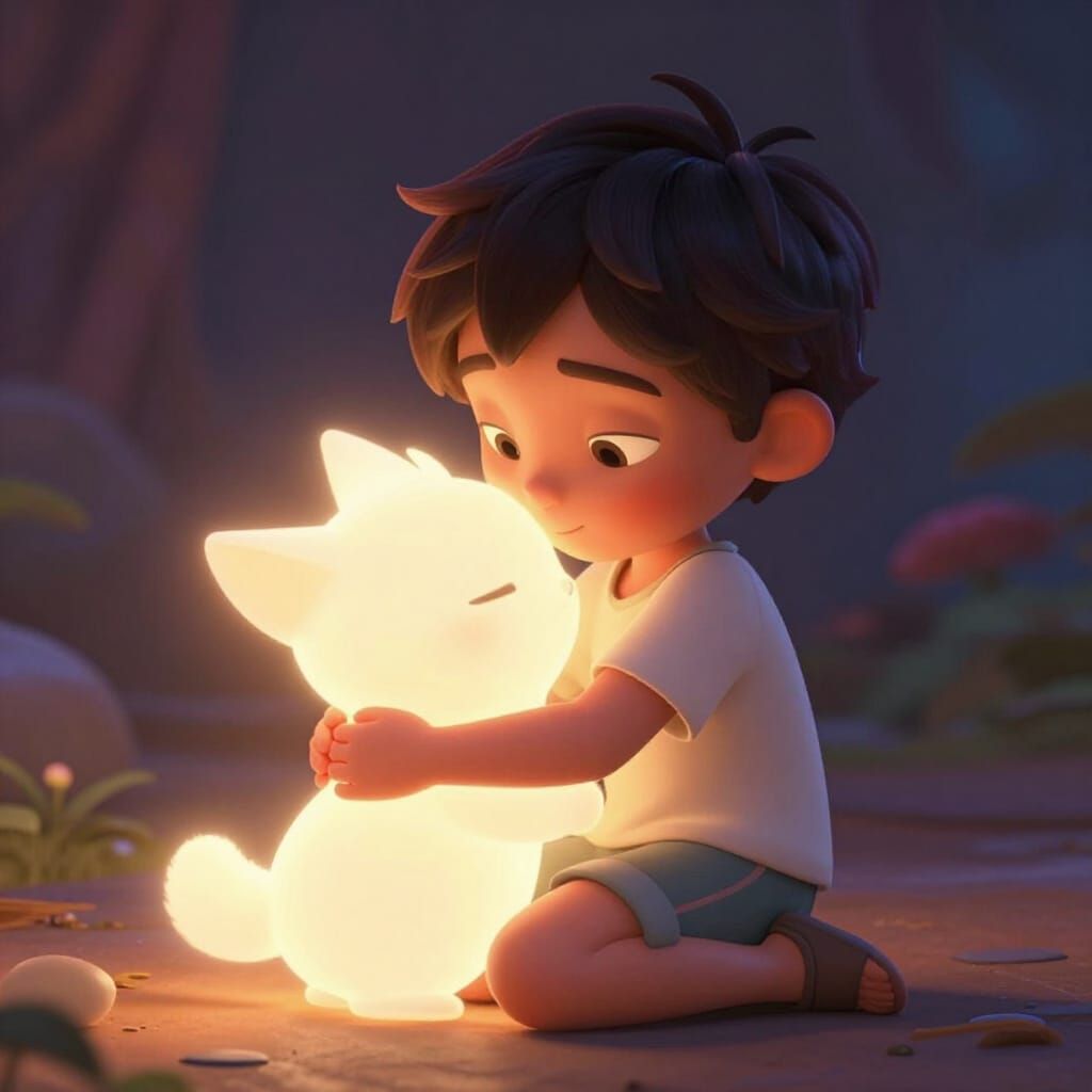 Child Hugs Glowing Spirit in Disney-Pixar Style