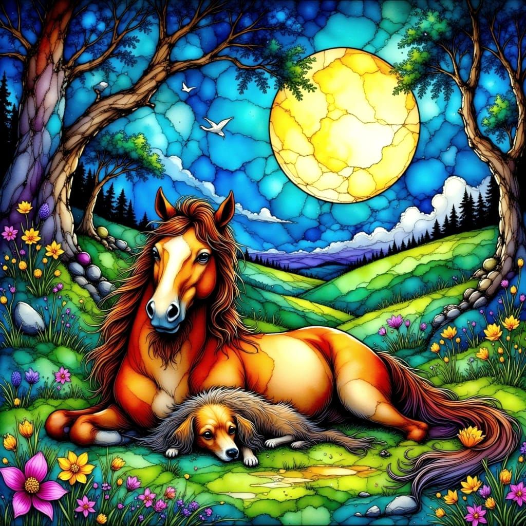 Horse and Dog in Alcohol Ink Glasswork Style