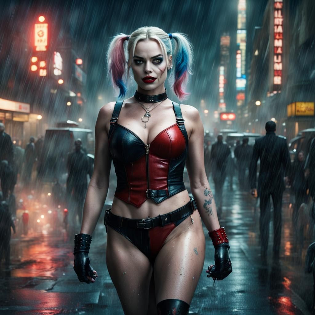 Harley Quinn in a Rainy City at Night