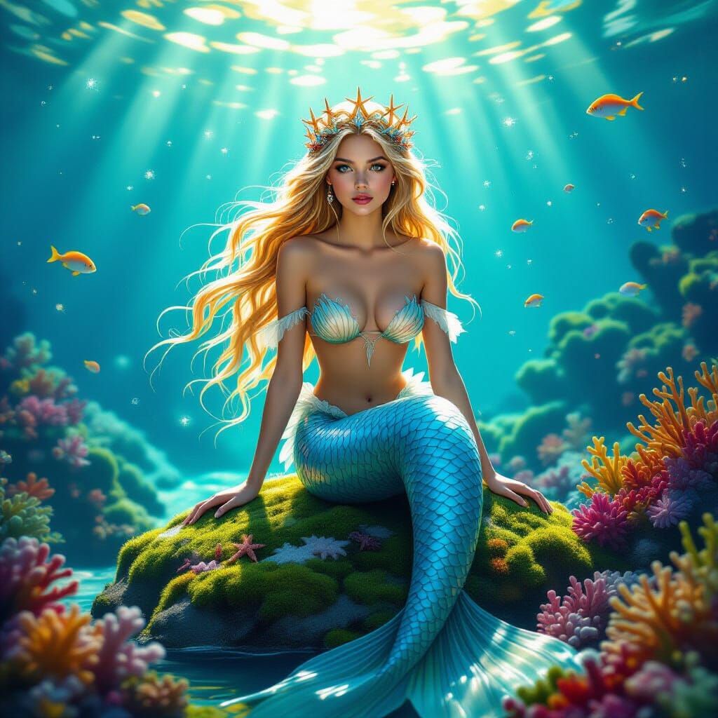 Golden-Haired Mermaid with Starfish Crown in Underwater Grot...