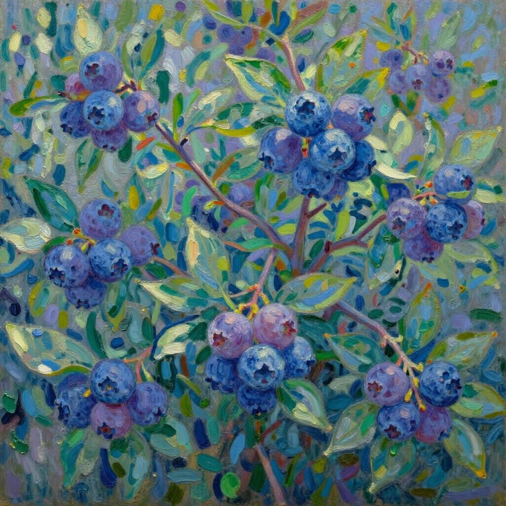 Vibrant Blueberry Bush Oil Painting in Impressionist Style