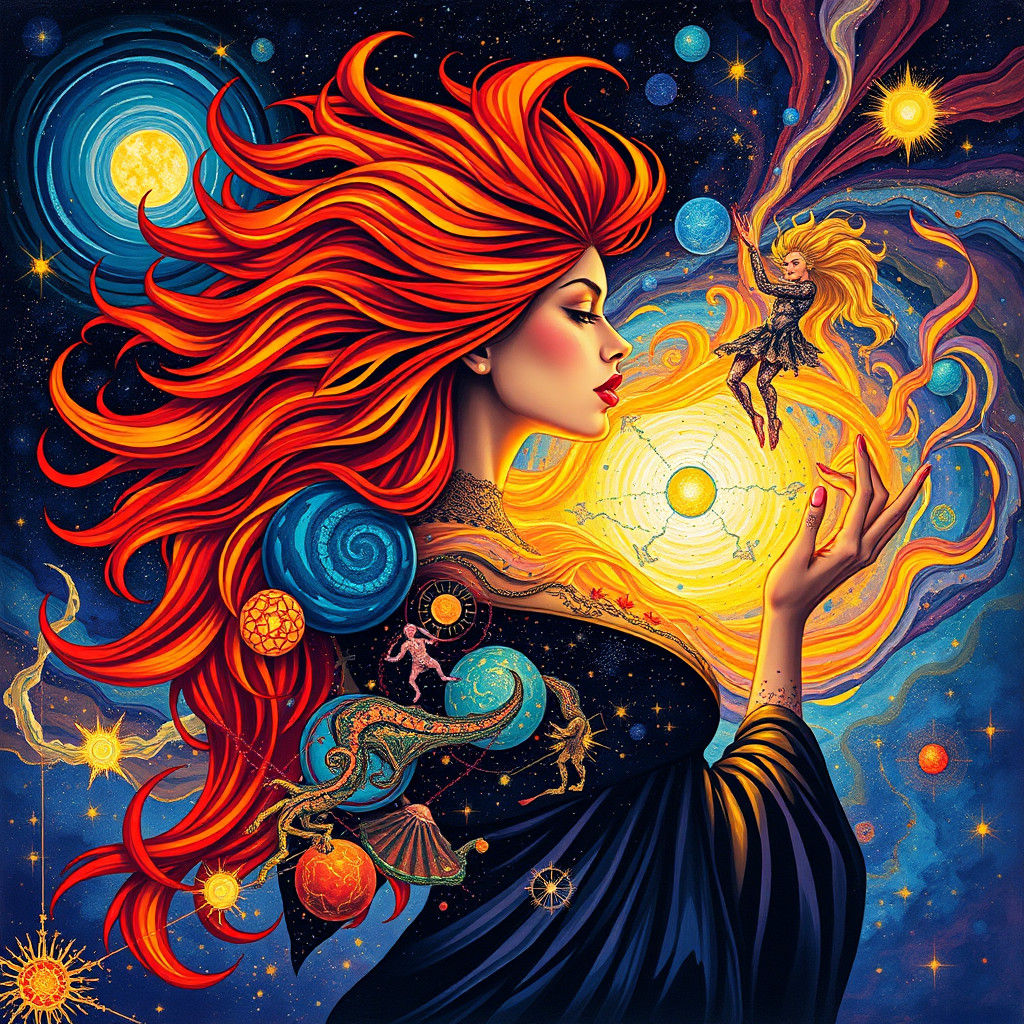 Fiery Haired Woman in Cosmic Op Art Gouache