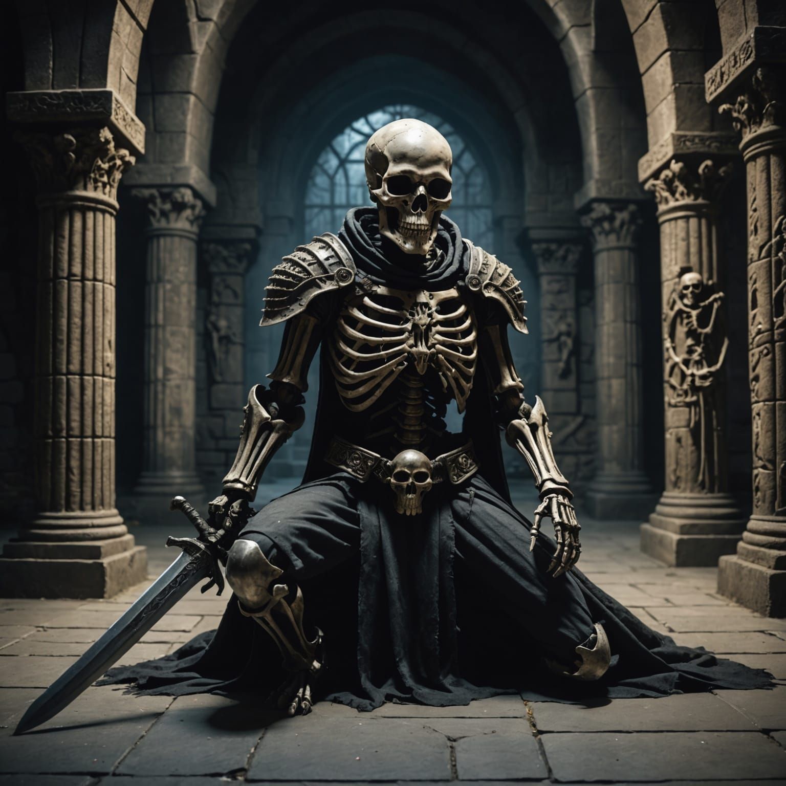 Armored Skeleton Rising in Gothic Crypt