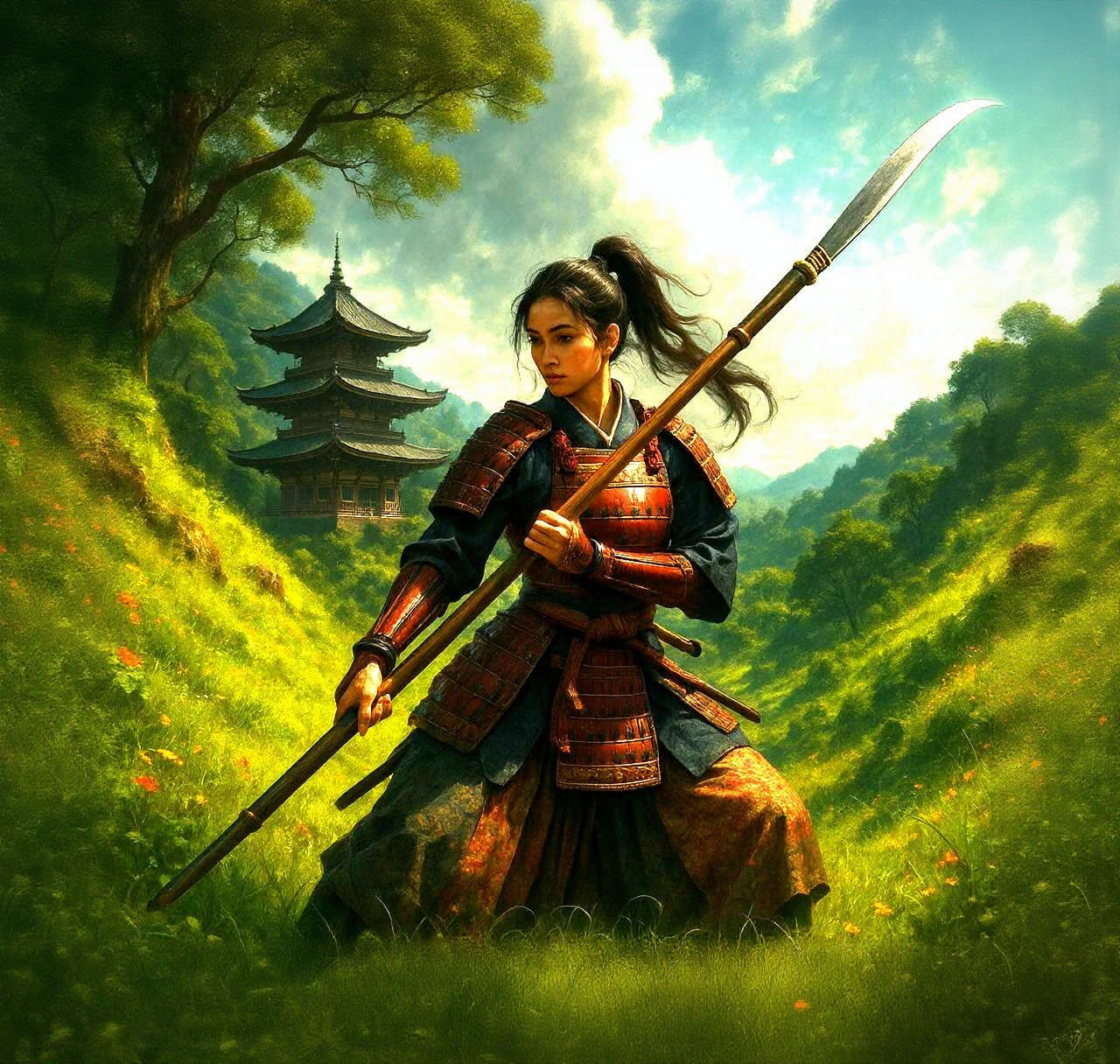 Female Warrior Practicing Naginata on Hillside