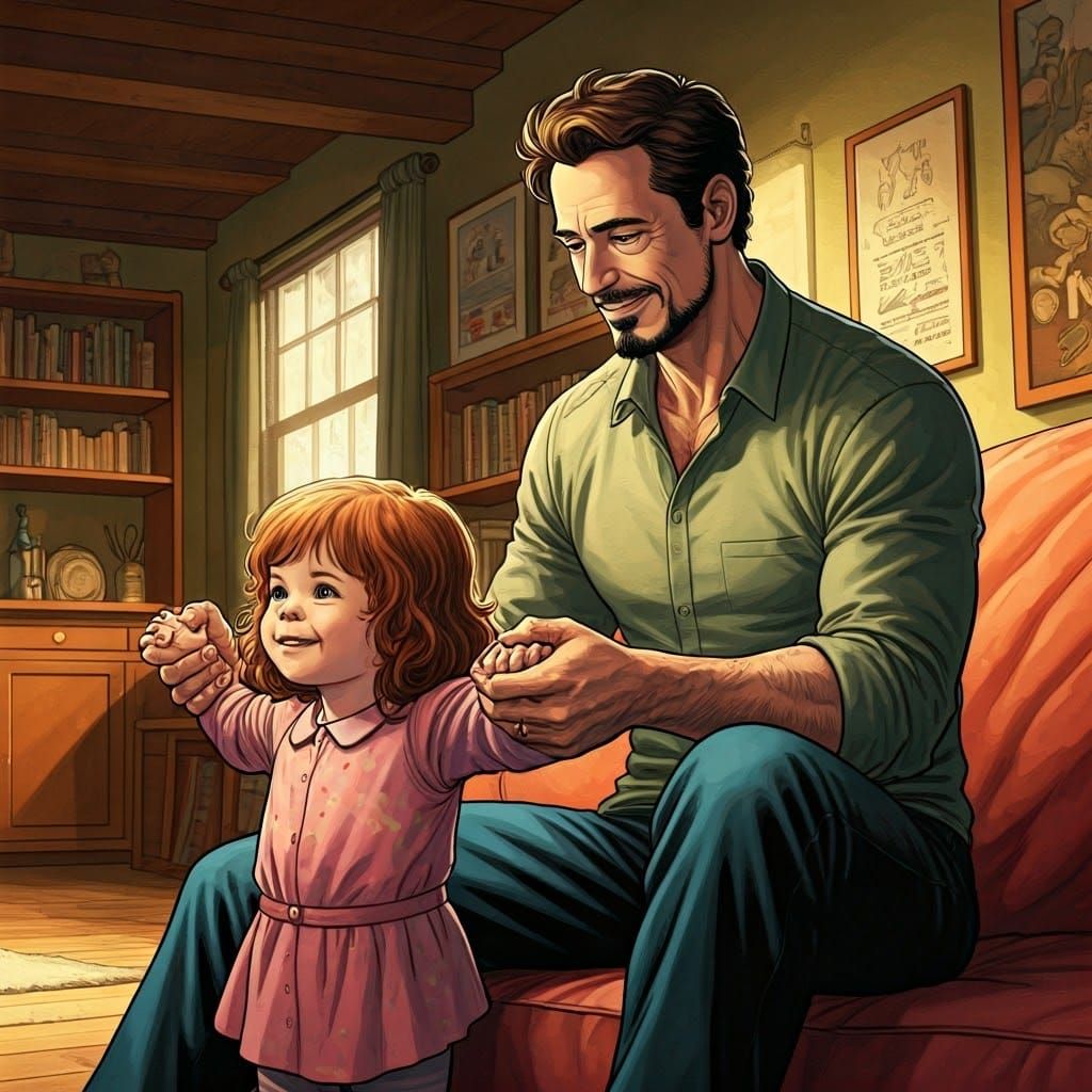 Tony Stark Teaches Daughter to Walk in Cozy Living Room