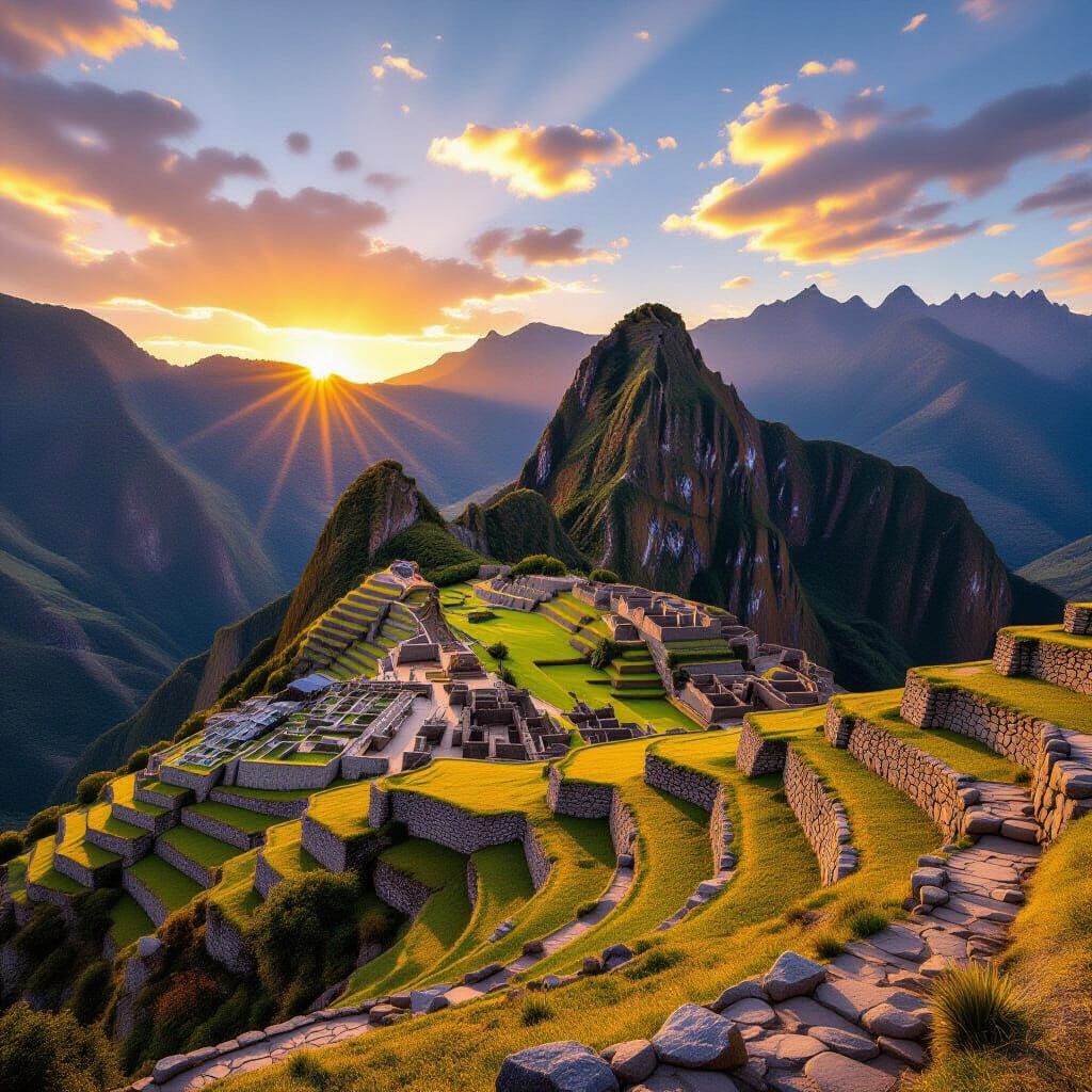 Inca City in Andes Mountains at Sunset