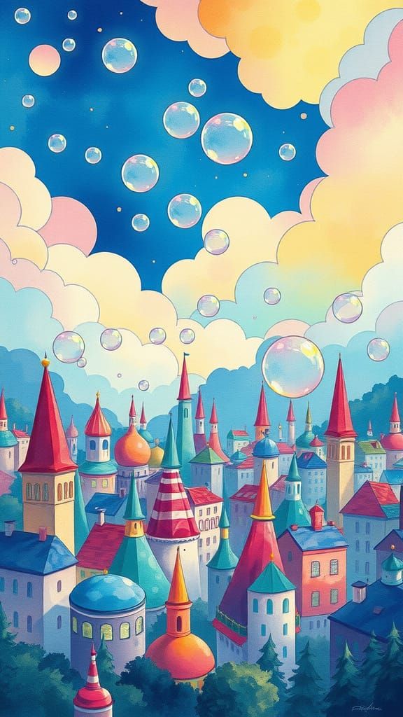 Dreamscape City with Floating Glass Bubbles, Watercolor