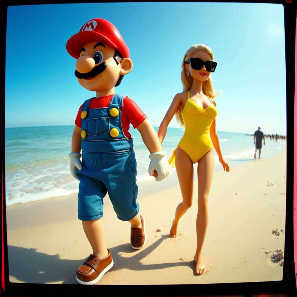 Mario and Barbie on the Beach with Toy Camera FX