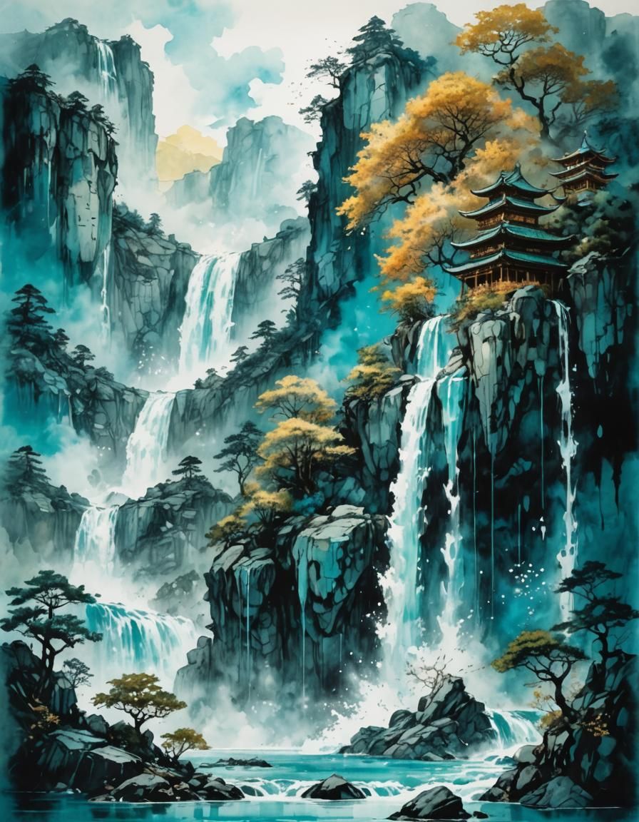 Waterfall Fairies in Asian Landscape: Watercolor Painting
