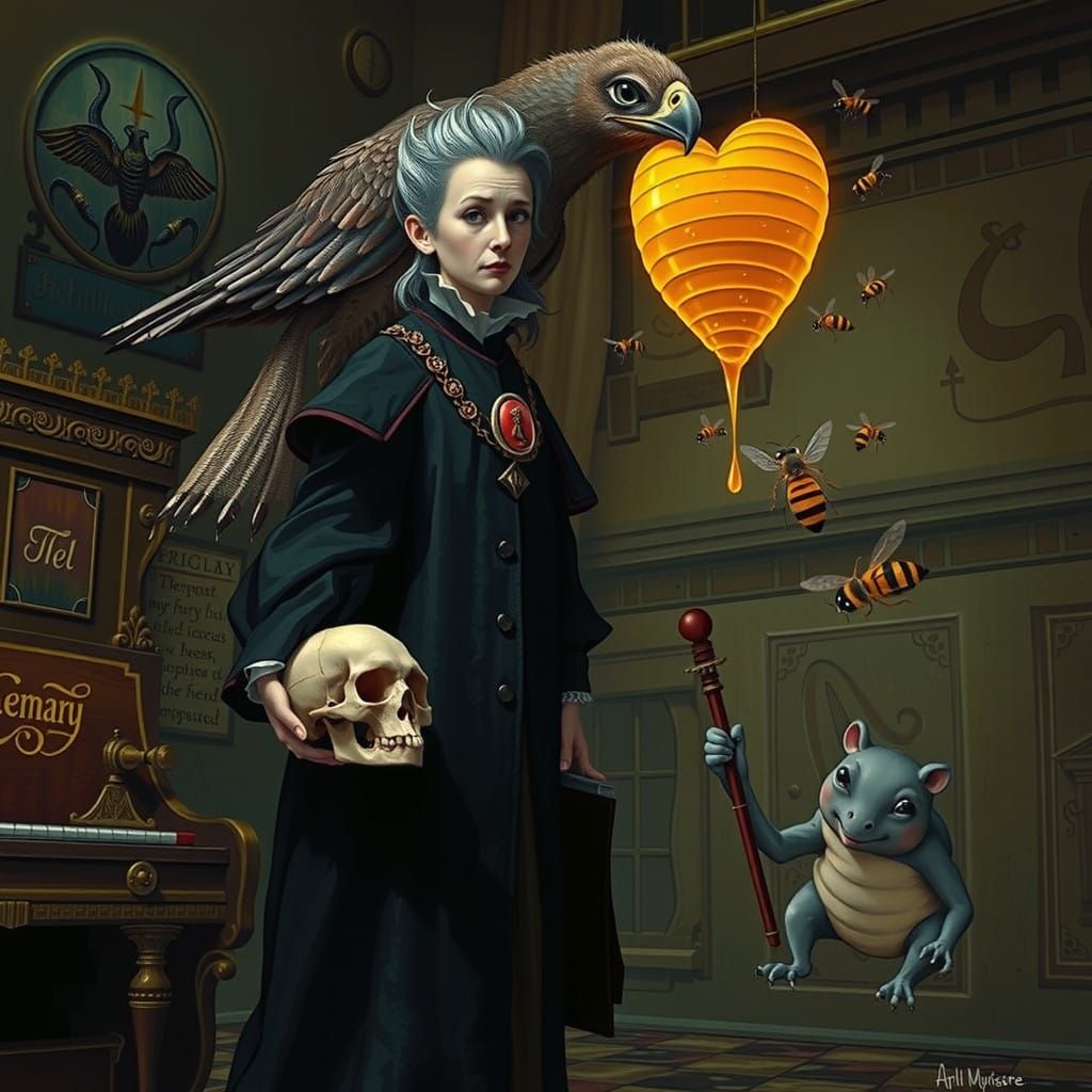 Stern Headmistress Examines Skull in Mysterious, Hieroglyphi...