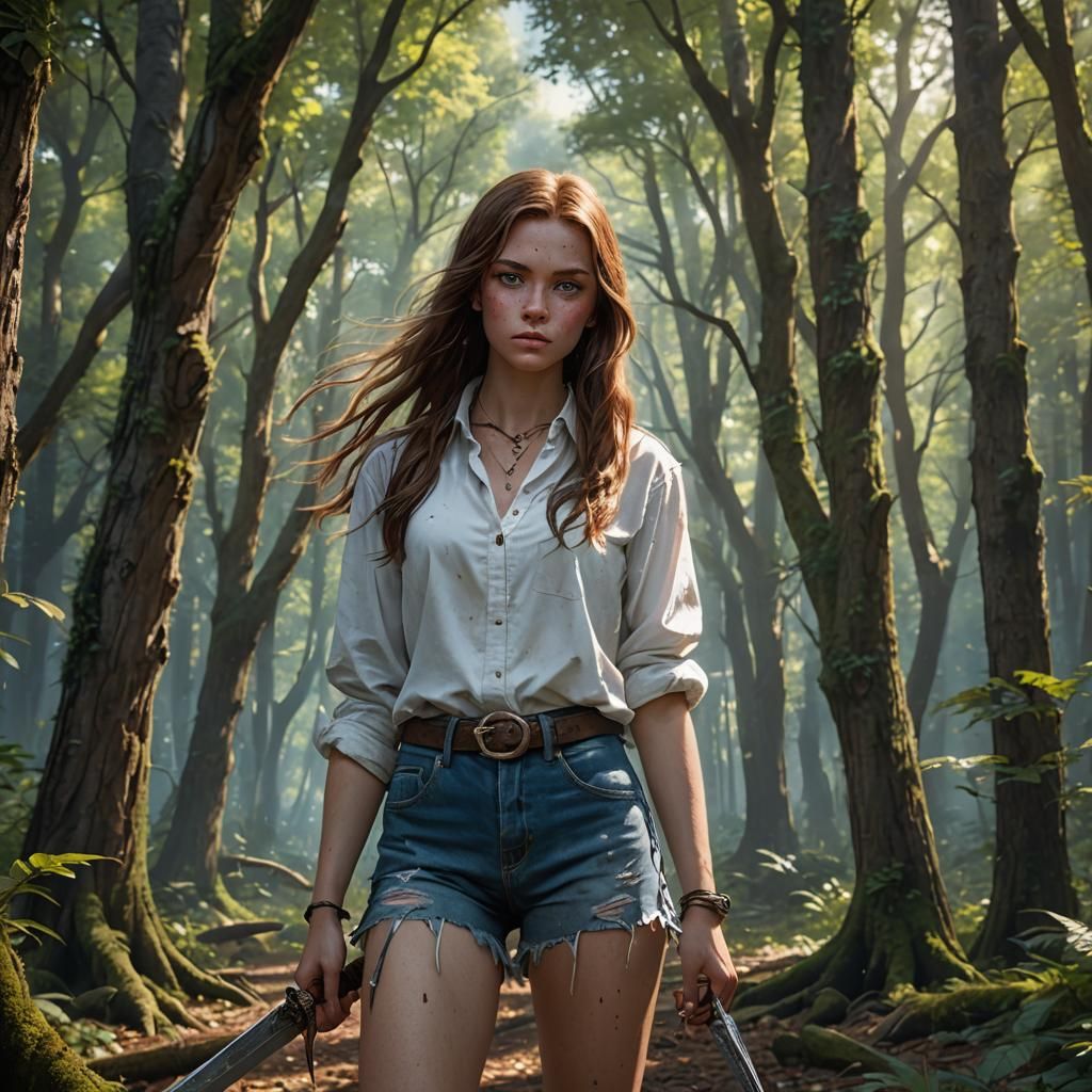 Freckled Girl With Dagger in Fantasy Forest