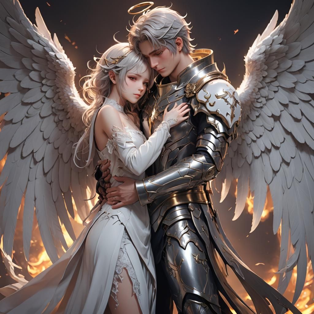 Male Angel Hugging Female Demon in Anime Art