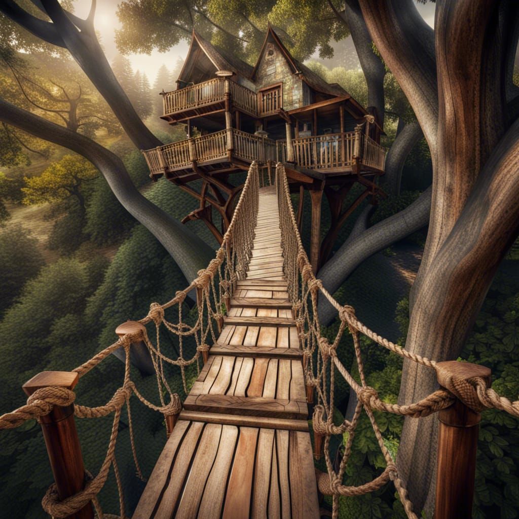 Hyperrealistic Treehouse with Rope Bridges
