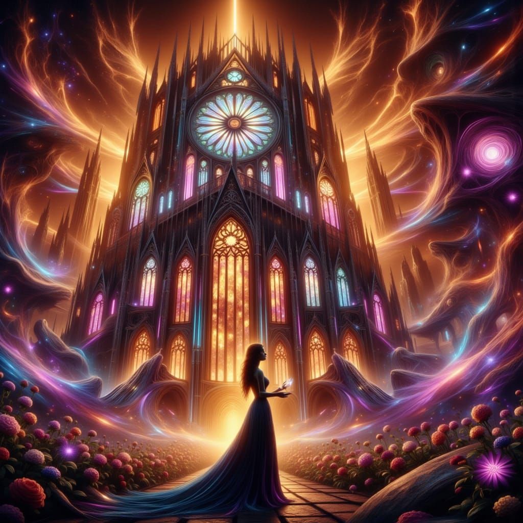 Steampunk Cathedral with Woman and Rose, Mucha Style