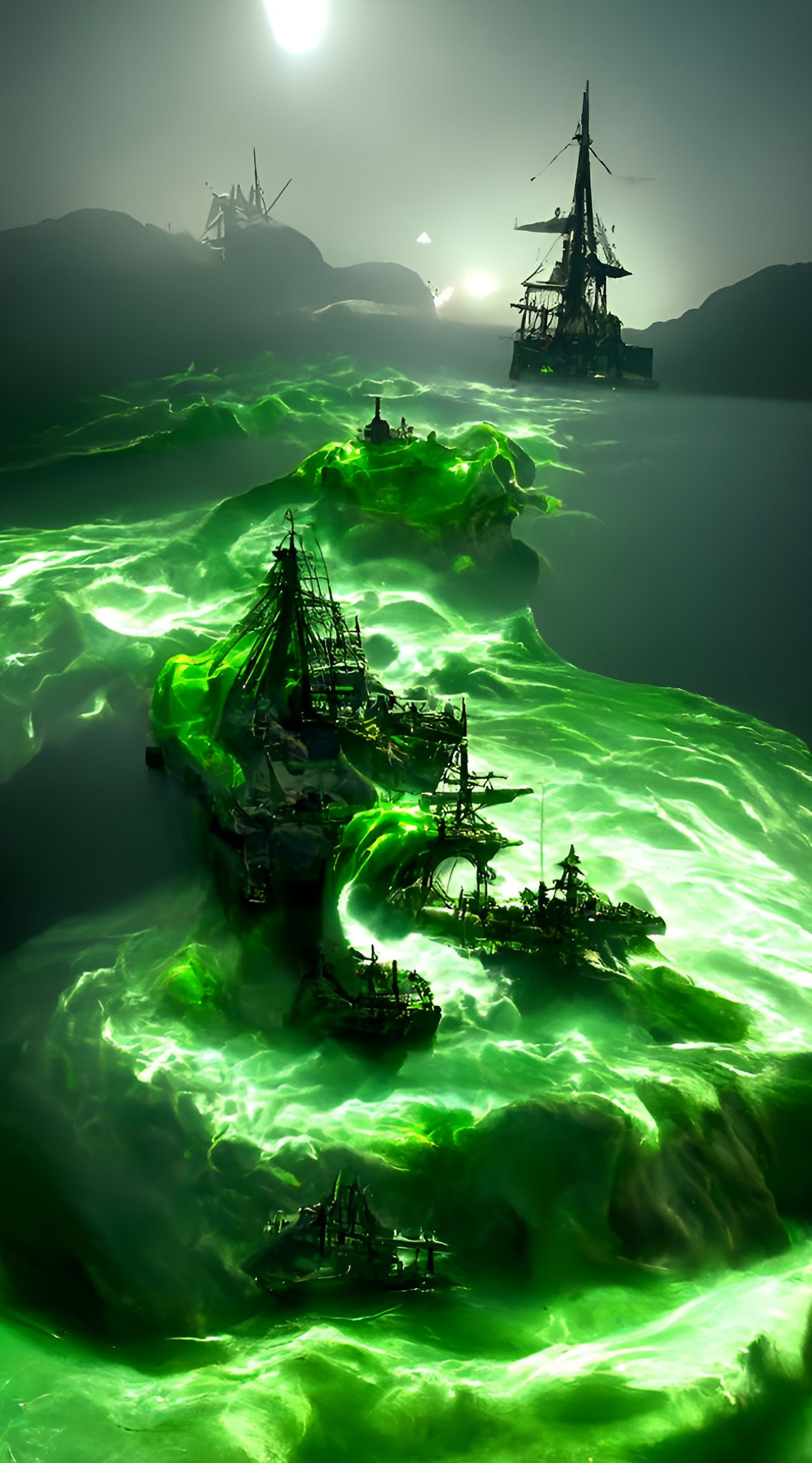 Eerie Pirate Ship Over Green Maelstrom Sea