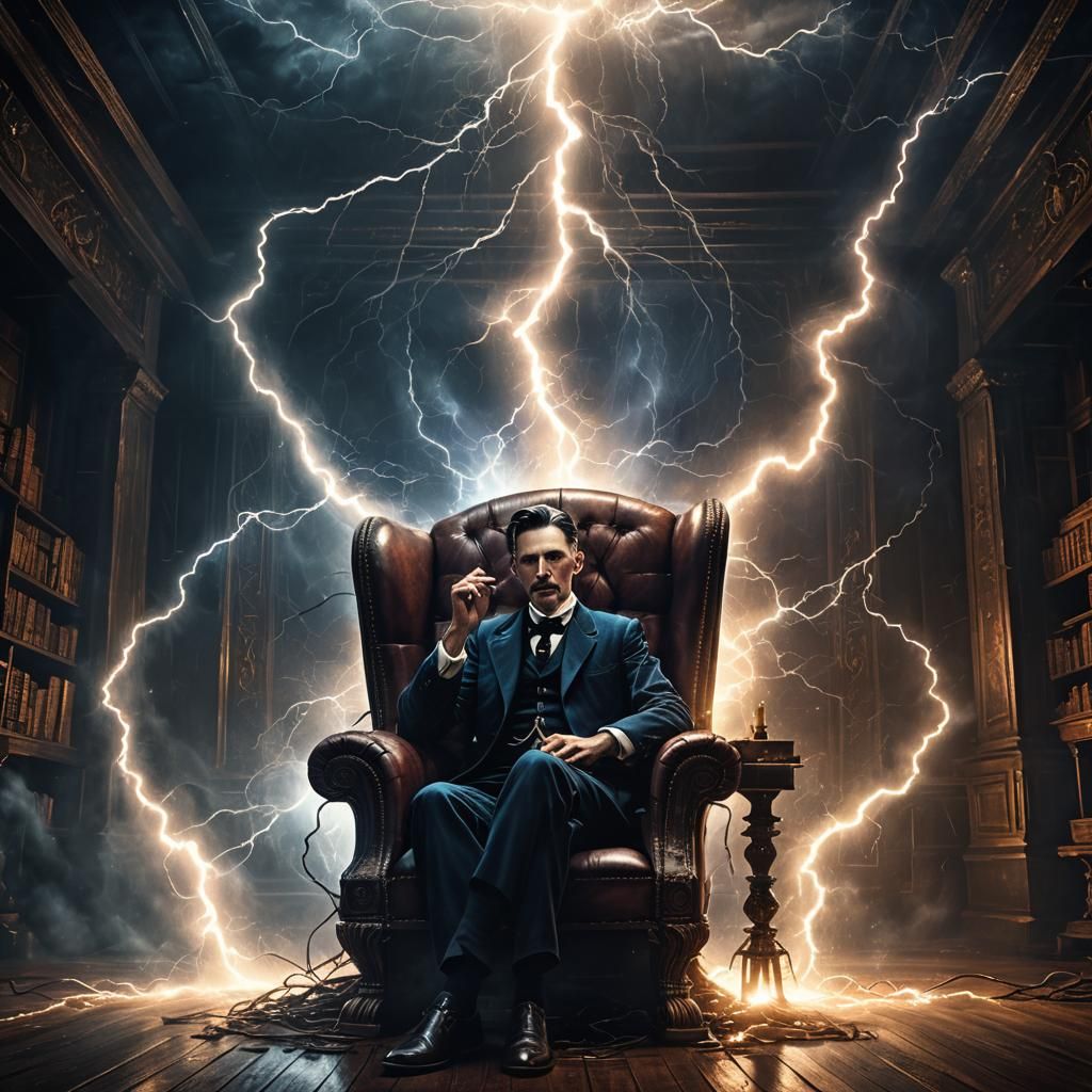 Nikola Tesla in Lightning Storm: Dark Fantasy Art