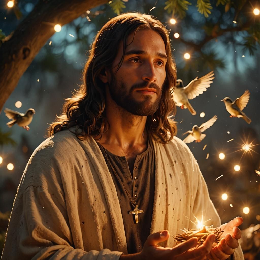 Jesus Christ Holding Bird in Ethereal Starry Scene