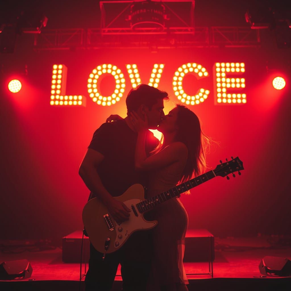 Glam Metal Couple Kissing at Sunset on Stage