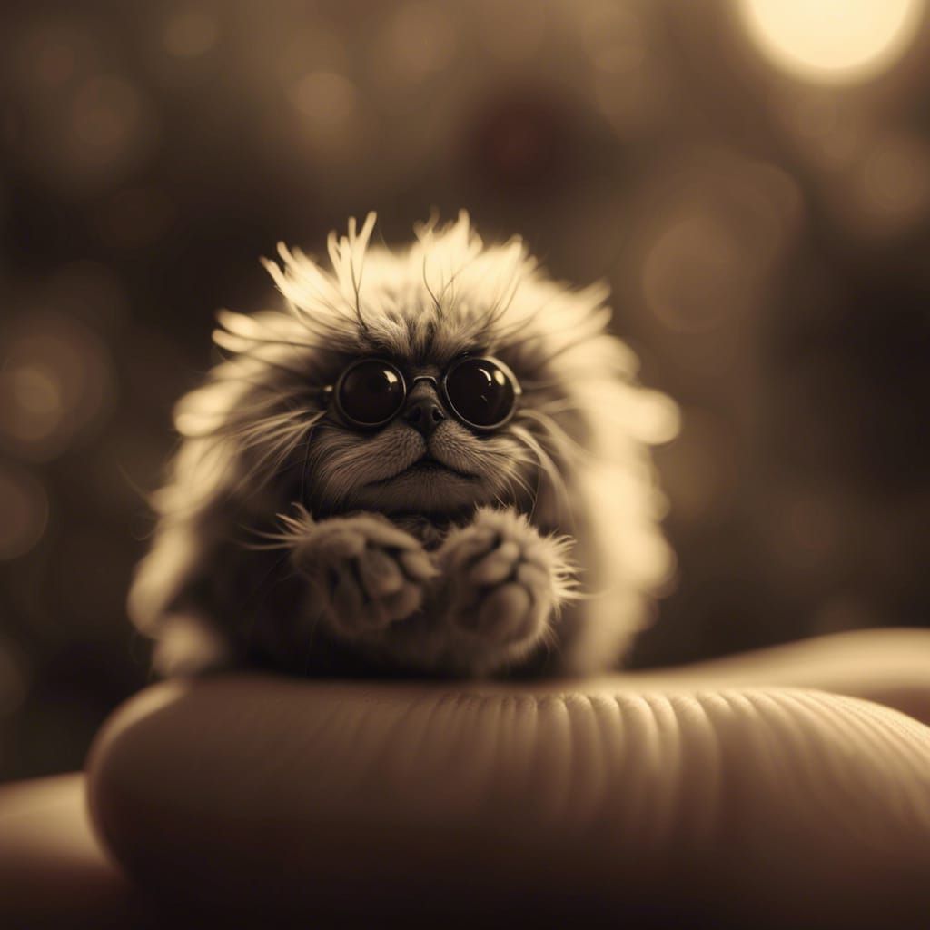 Tiny Fluffy Creature on Finger in Sepia Tone