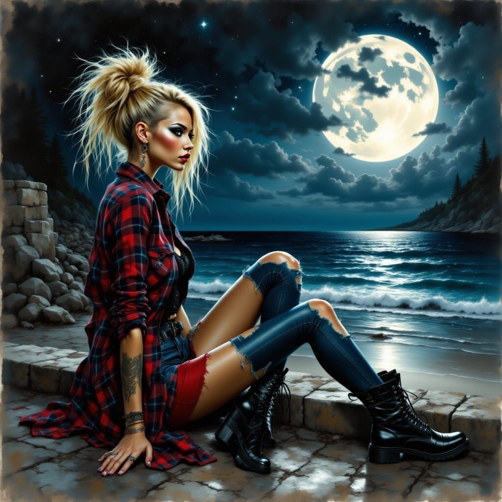 Grunge Woman on Terrace at Moonlit Sea